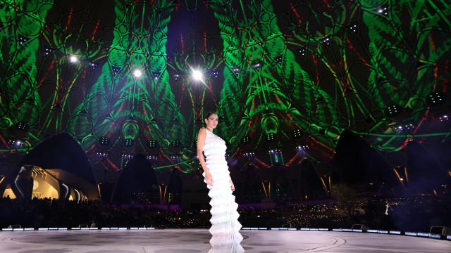 A model takes to the catwalk during the Sustainable fashion show as part of the 2023 United Nations Climate Change Conference  COP28 at Expo City Dubai in Dubai, UAE, 06 December 2023